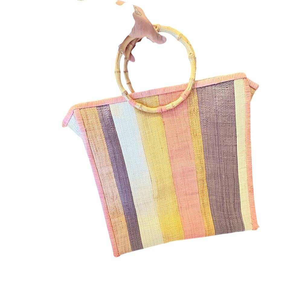 Flora Bella Striped Orange, Yellow & Brown Woven Tote with Bamboo Handles *read* - Picture 2 of 12